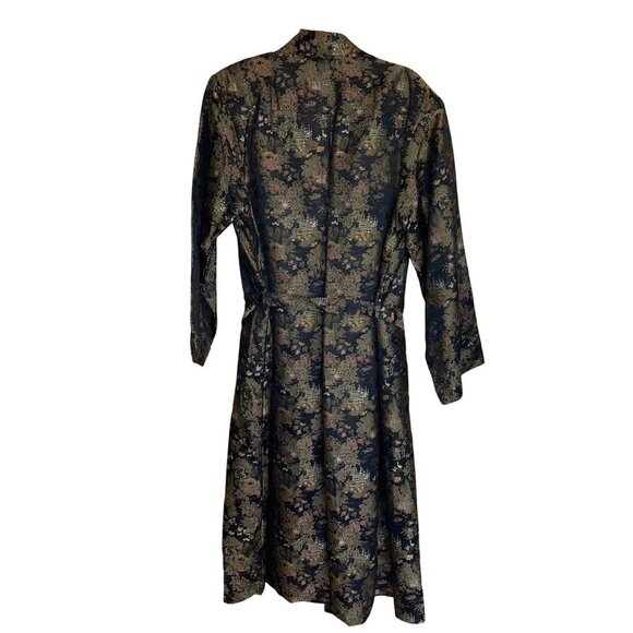 Ancient Dragon Vintage Womens Robe Size Large Black Brocade Belt Pure Silk - Picture 2 of 9